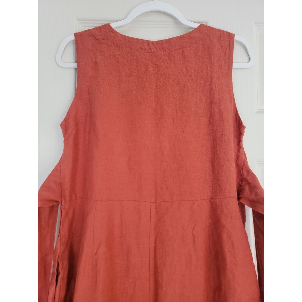 menique 100% Linen Hailey Sleeveless Obi Wrap Midi Dress Belted Red Small Pocket - Picture 14 of 15